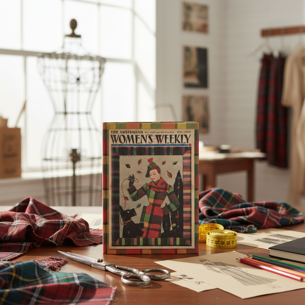 Lifestyle photo of Petrov Australian fashion journal standing upright on fashion designer work table with tartan fabric swatches tailor scissors measuring tape fashion sketches and dress form - LeBonJournal