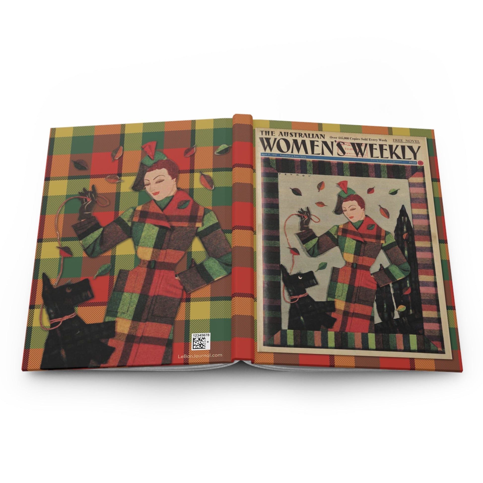 Hardcover journal opened flat showing spine binding and both covers with Petrov 1940 fabric illustration and plaid tartan pattern - LeBonJournal