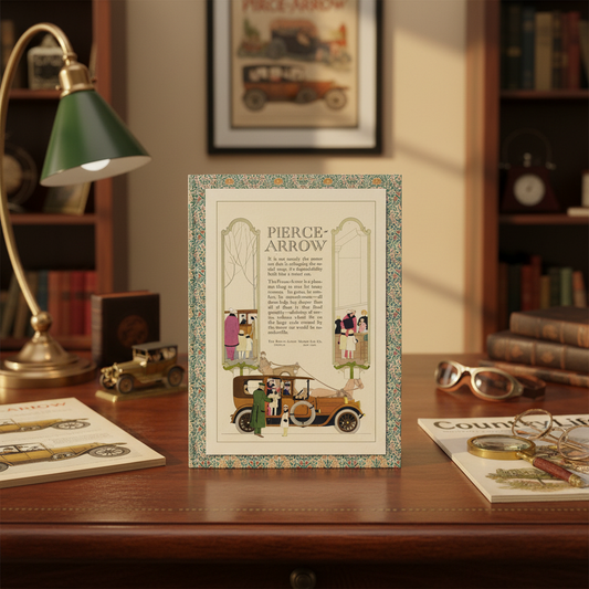 Pierce-Arrow journal at collector desk with vintage automobile catalog 1914 memorabilia Art Nouveau heritage - LeBonJournal
