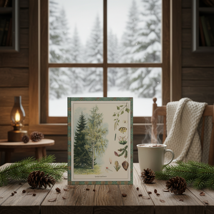 Pine and Spruce hardcover journal standing on rustic wooden table in cozy winter cabin with pine cones, fresh spruce branches, steaming tea mug, wool blanket, snowy forest view through window, elegant stationery for botanists and nature lovers - LeBonJournal