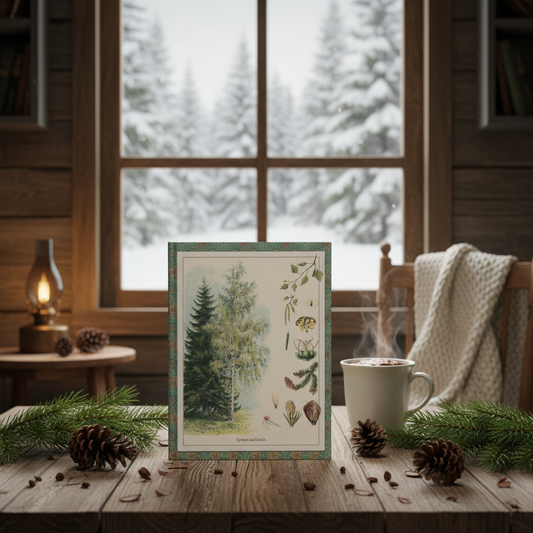 Pine and Spruce hardcover journal standing on rustic wooden table in cozy winter cabin with pine cones, fresh spruce branches, steaming tea mug, wool blanket, snowy forest view through window, elegant stationery for botanists and nature lovers - LeBonJournal