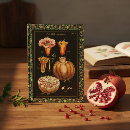 Pomegranate botanical journal with fresh pomegranate fruit seeds arils garden tools botanical illustration books 18th century natural history - LeBonJournal