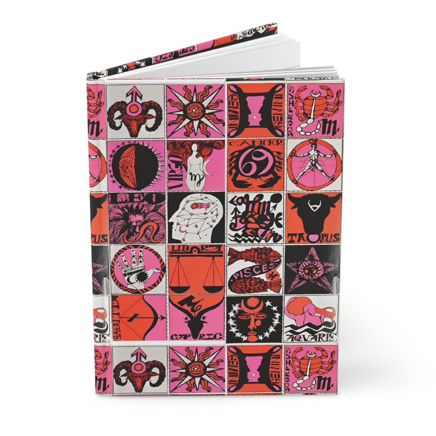 Psychedelic zodiac journal with 1960s-70s astrology signs mosaic in pink and red - LeBonJournal