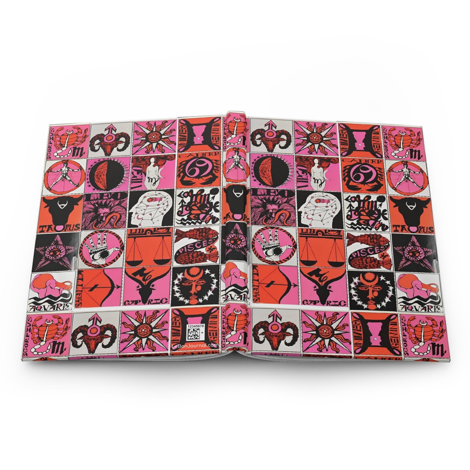 Psychedelic zodiac journal open showing casewrap binding and astrology signs mosaic - LeBonJournal