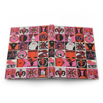 Psychedelic zodiac journal open showing casewrap binding and astrology signs mosaic - LeBonJournal