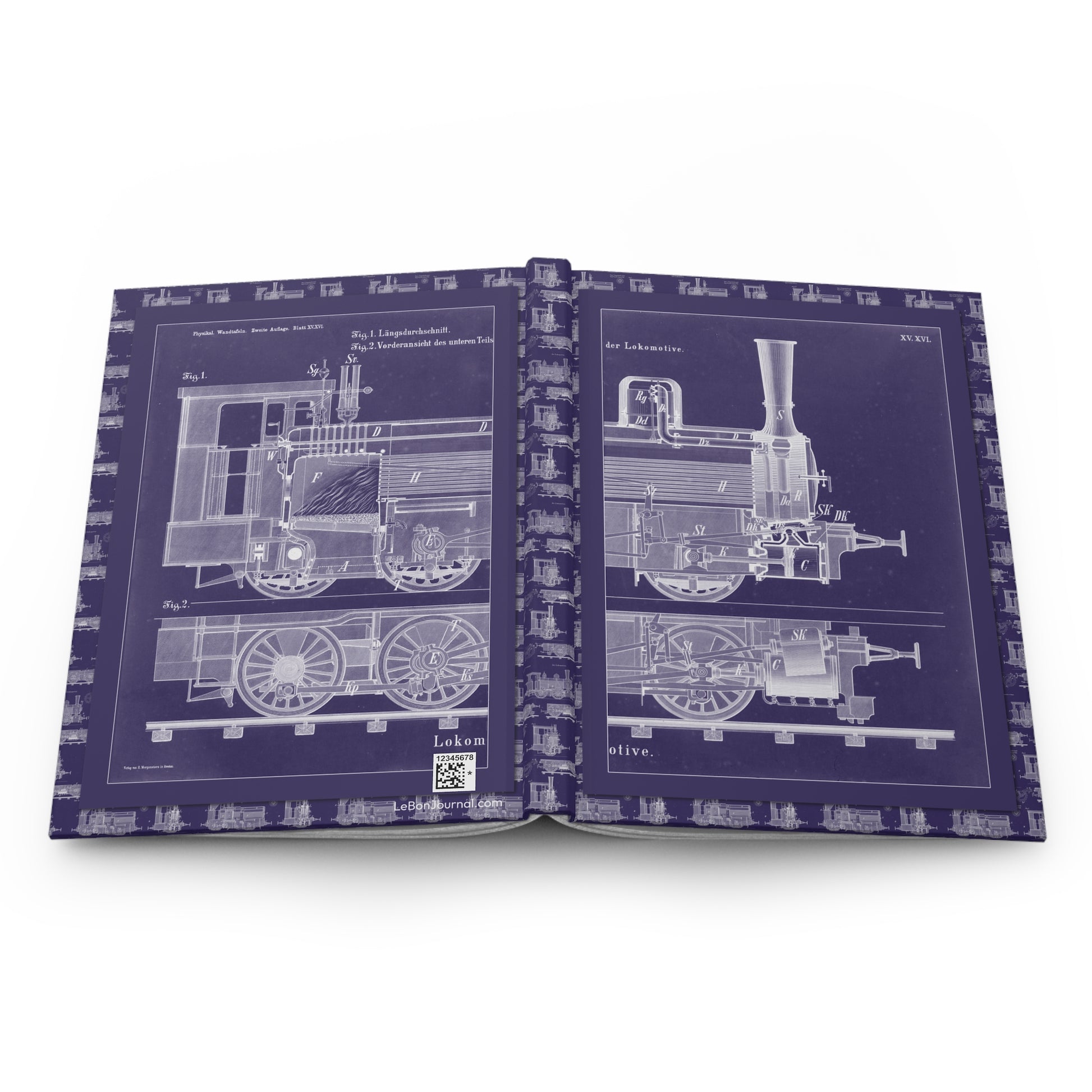 R. Menzel locomotive blueprint journal open showing casewrap binding with 1908 steam engine - LeBonJournal

