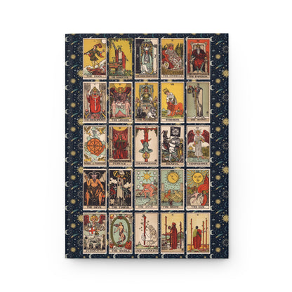 Front cover of hardcover journal featuring Pamela Colman Smith 1909 Rider-Waite-Smith tarot deck with 22 Major Arcana cards and Ace of Wands - LeBonJournal