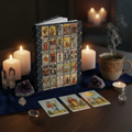 Lifestyle photo of Rider-Waite-Smith tarot journal standing upright on blue velvet altar cloth with tarot cards crystals candles and tea for divination practice - LeBonJournal