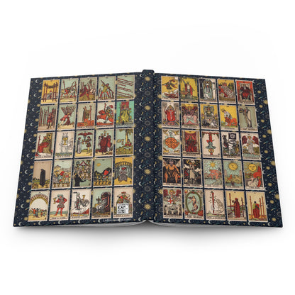 Hardcover journal opened flat showing spine binding and both covers with Rider-Waite-Smith 1909 tarot card illustrations - LeBonJournal