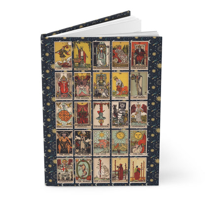 Hardcover journal standing upright showing Rider-Waite-Smith 1909 tarot cards including complete Major Arcana on front cover - LeBonJournal