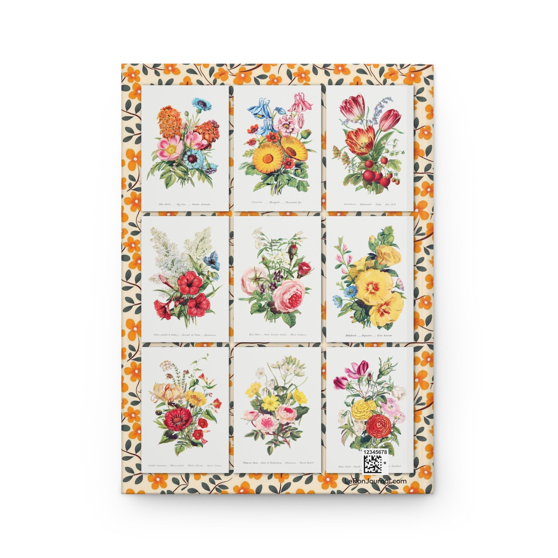 Robert Tyas floral journal back cover with Victorian botanical bouquets mosaic - LeBonJournal