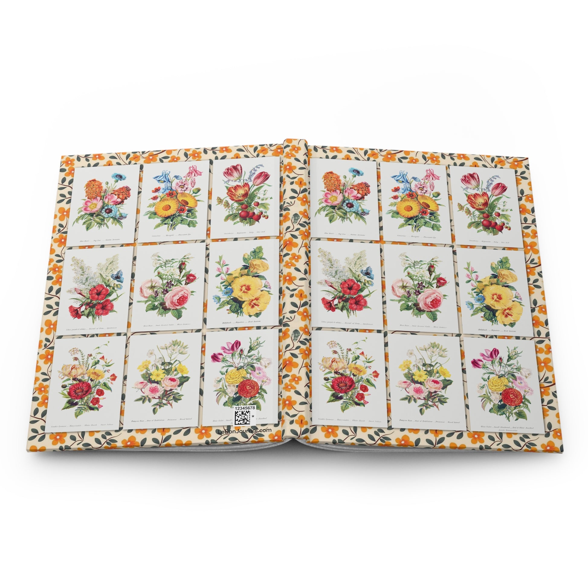 Robert Tyas floral journal open showing casewrap binding and Victorian bouquets design - LeBonJournal