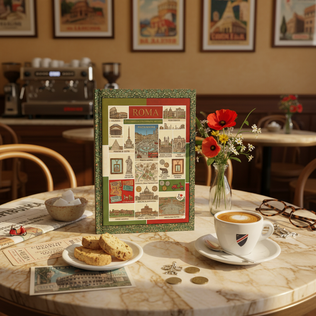 Rome Eternal City journal at Italian café with espresso biscotti Colosseo postcard Roman coins Vespa - LeBonJournal
