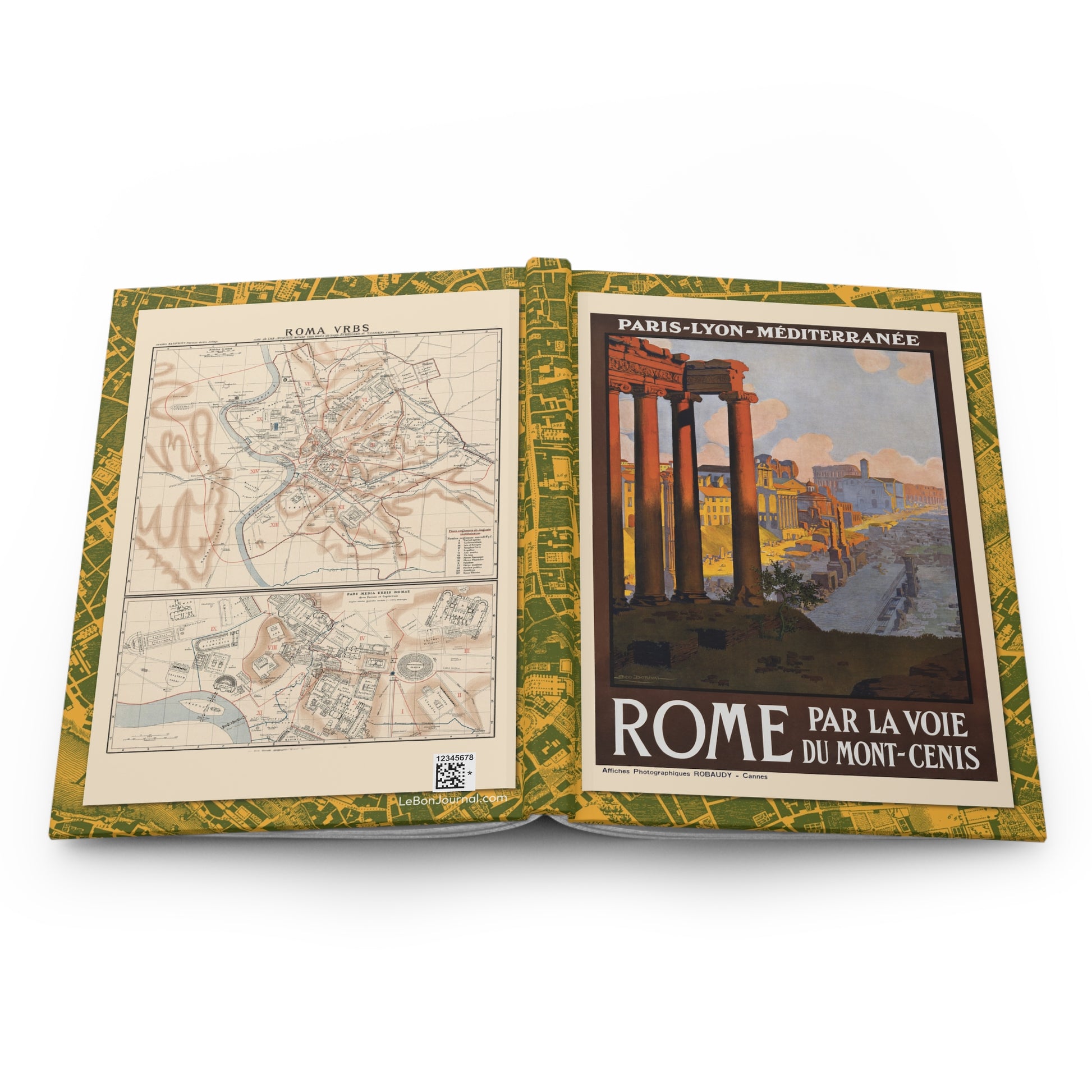 Rome travel journal open showing casewrap binding with Dorival poster and Kiepert map - LeBonJournal