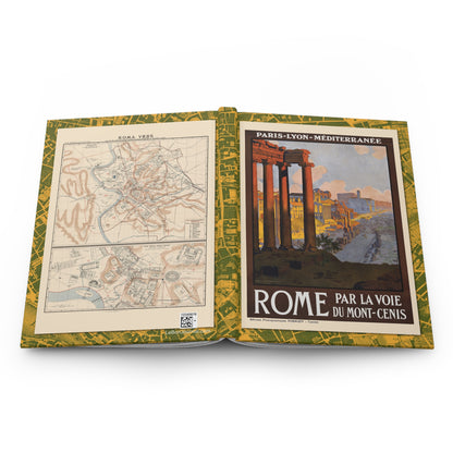 Rome travel journal open showing casewrap binding with Dorival poster and Kiepert map - LeBonJournal
