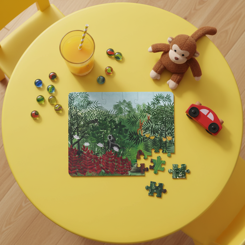 Overhead view of Rousseau jungle puzzle nearly complete on yellow table with orange juice, toy monkey and wooden car - LeBonJournal
