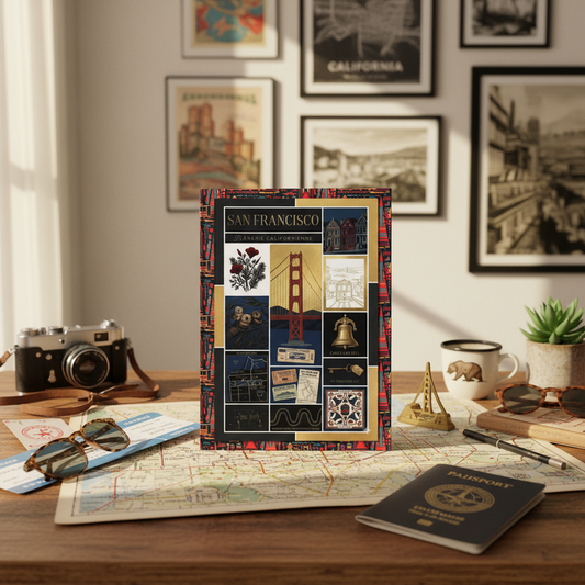 San Francisco journal at traveler table with vintage map camera passport Golden Gate travel planning - LeBonJournal

