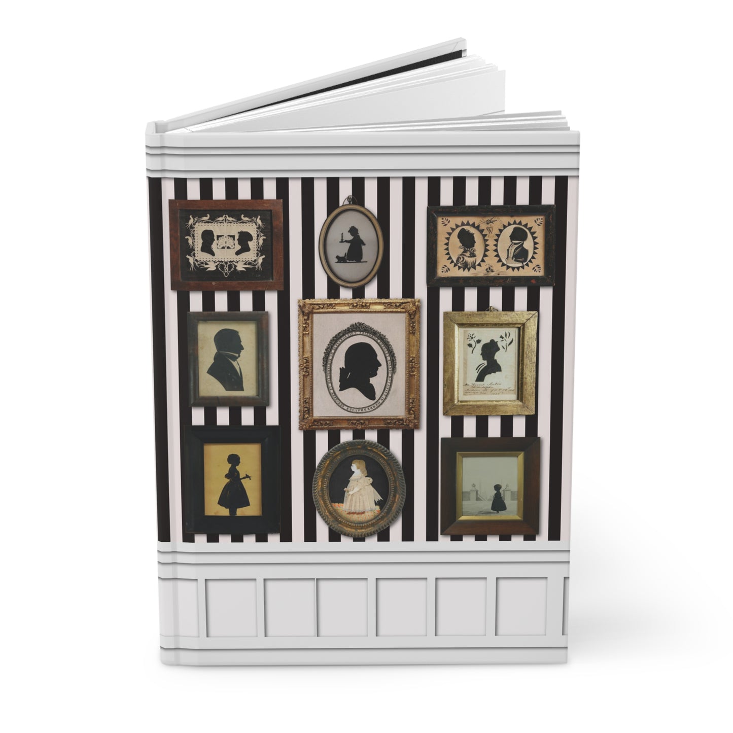 silhouette gallery journal with 18th-century profile portraits on black white striped wallpaper boiserie - LeBonJournal
