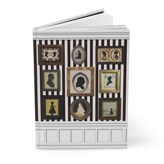 silhouette gallery journal with 18th-century profile portraits on black white striped wallpaper boiserie - LeBonJournal
