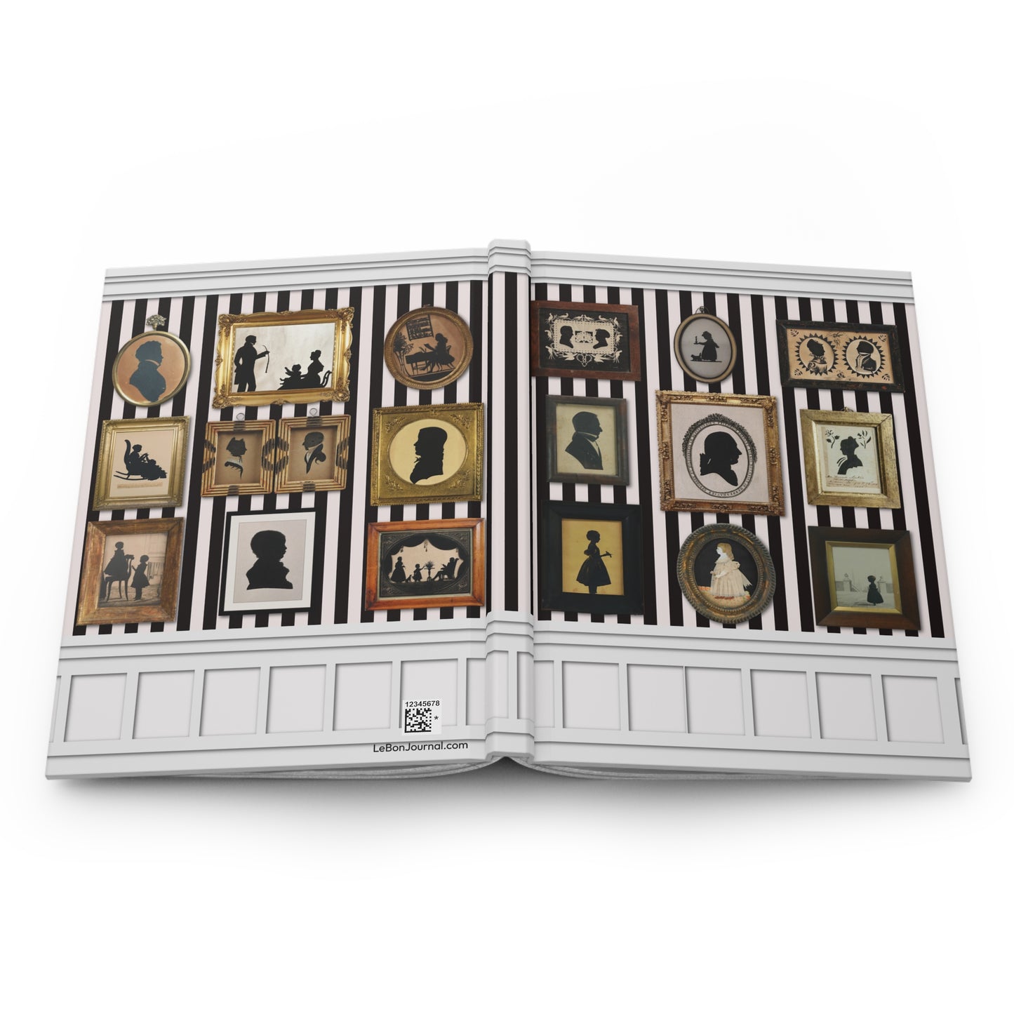 silhouette hardcover journal spine and full-wrap gallery wall striped wallpaper boiserie design - LeBonJournal
