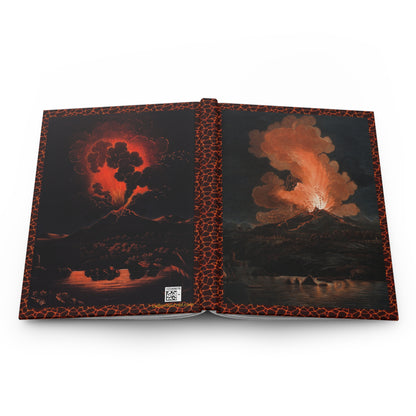 Hardcover journal opened flat showing spine binding and both covers with Sir William Hamilton Peter Fabris Vesuvius eruption illustrations - LeBonJournal