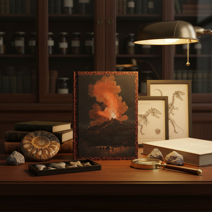 Sir William Hamilton Vesuvius Natural Lifestyle photo of Sir William Hamilton Vesuvius journal standing upright on museum table with fossils igneous rocks magnifying glass natural history book and scientific illustrations - LeBonJournal
