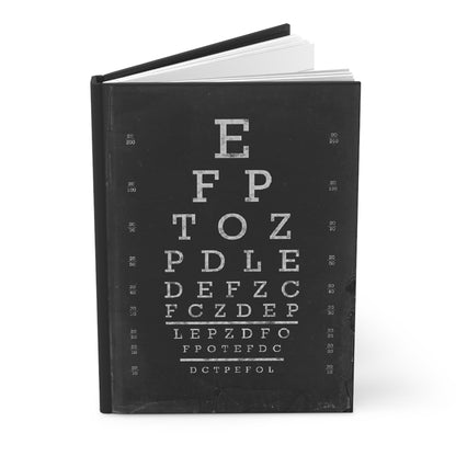 Snellen eye chart hardcover journal featuring contemporary black white negative interpretation Herman Snellen 1862 visual acuity test optotypes 20/20 vision ophthalmology - LeBonJournal