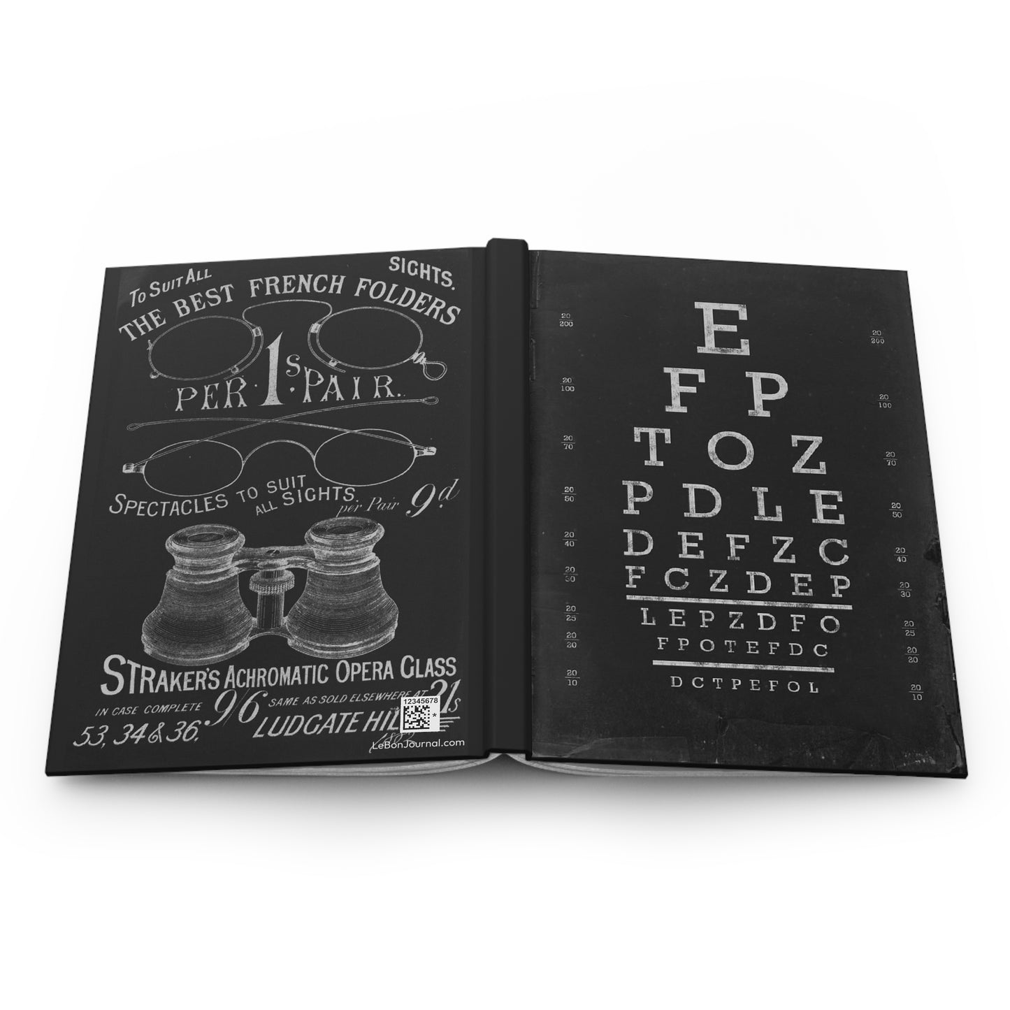 Snellen eye chart journal open flat showing casewrap binding spine with 1862 Snellen chart and 1882 Straker's optical ad black white negative front and back covers - LeBonJournal