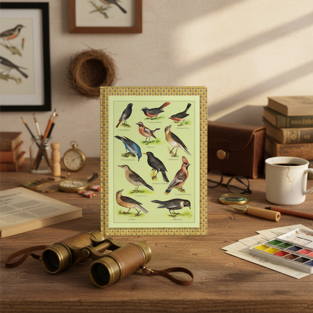 Songbird journal at ornithologist desk with brass binoculars field guide Kurt Lampert 1905 English names - LeBonJournal