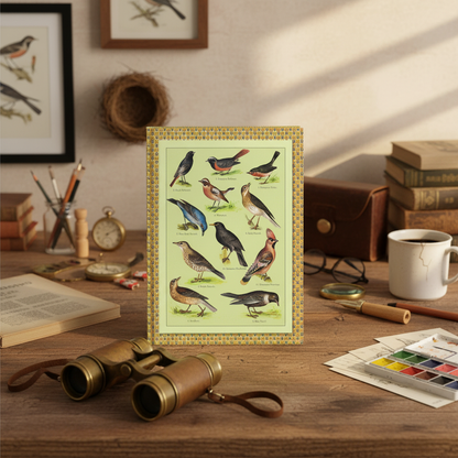 Songbird journal at ornithologist desk with brass binoculars field guide Kurt Lampert 1905 English names - LeBonJournal