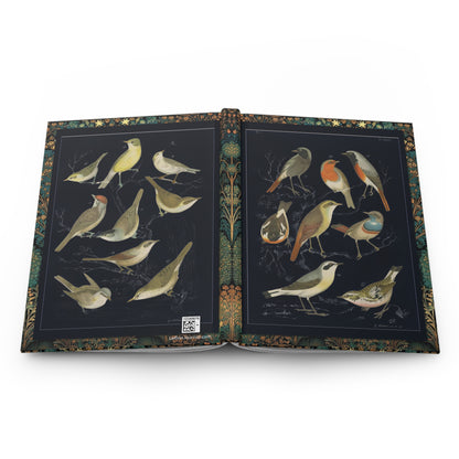 European songbirds journal open flat showing casewrap binding spine with 1886 De Vogelwereld robin bluethroat warblers black background front and back covers - LeBonJournal