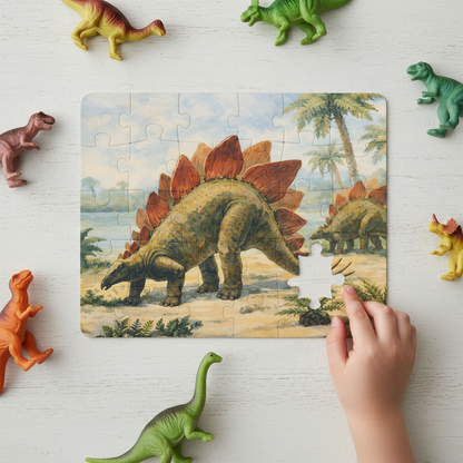 Stegosaurus kids' 30-piece puzzle assembled on playroom floor with colorized 1945 paleoart by John C. Germann from The Dinosaur Book - LeBonJournal