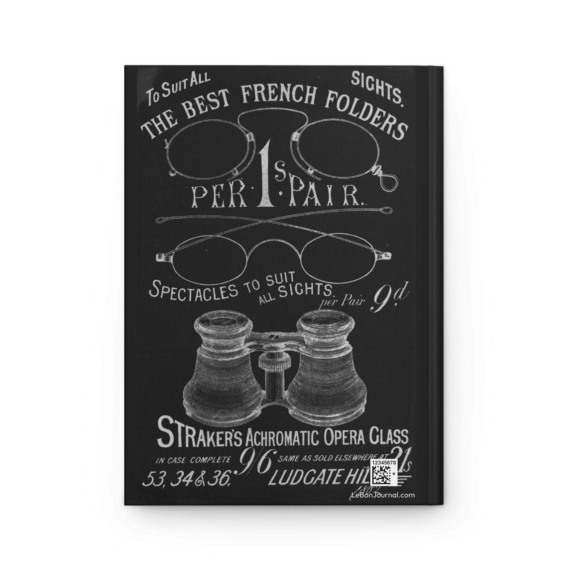 Back cover contemporary black white negative Straker's 1882 Victorian optical advertisement pince-nez spectacles opera glass Ludgate Hill London - LeBonJournal