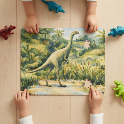 Struthiomimus 1906 colorized kids' puzzle overhead view with two children's hands placing pieces together - LeBonJournal