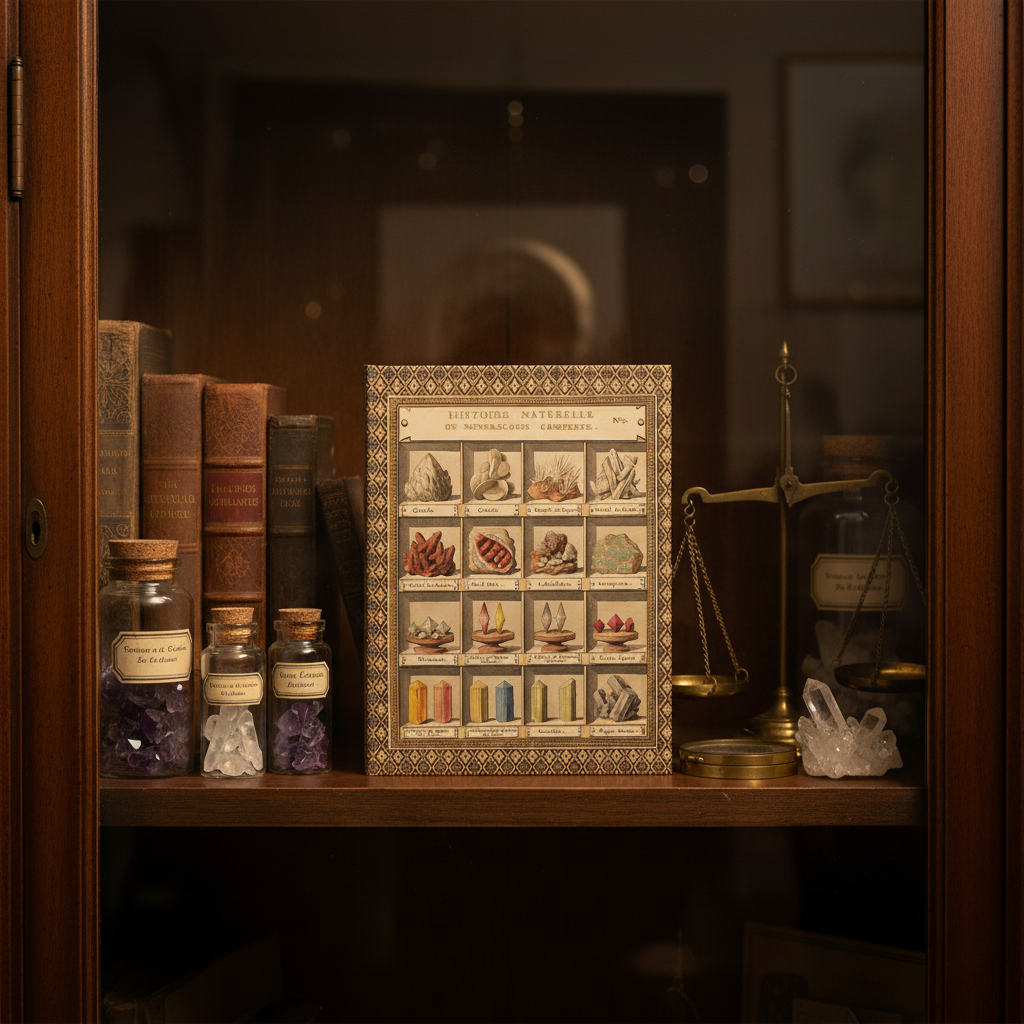 Lifestyle photo of Swebach 1789 mineralogy journal standing upright on vintage cabinet shelf with glass specimen jars antique geology books brass scale and quartz crystals - LeBonJournal