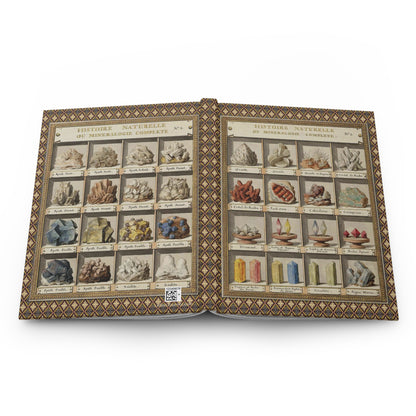 Hardcover journal opened flat showing spine binding and both covers with Swebach 1789 cabinet-of-curiosities mineralogy plates - LeBonJournal