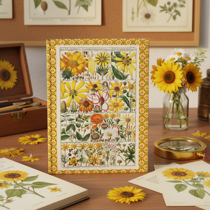 C.G. Geisler 1795 Syngenesia sunflower journal at illustrated botanist desk with magnifying loupe watercolour sketchbook and fresh sunflowers - LeBonJournal
