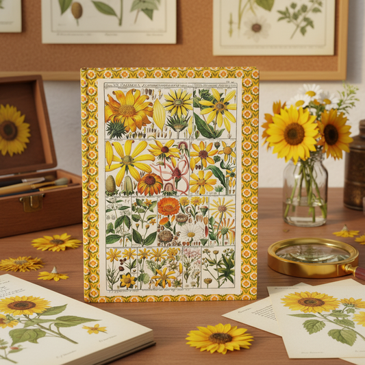 C.G. Geisler 1795 Syngenesia sunflower journal at illustrated botanist desk with magnifying loupe watercolour sketchbook and fresh sunflowers - LeBonJournal
