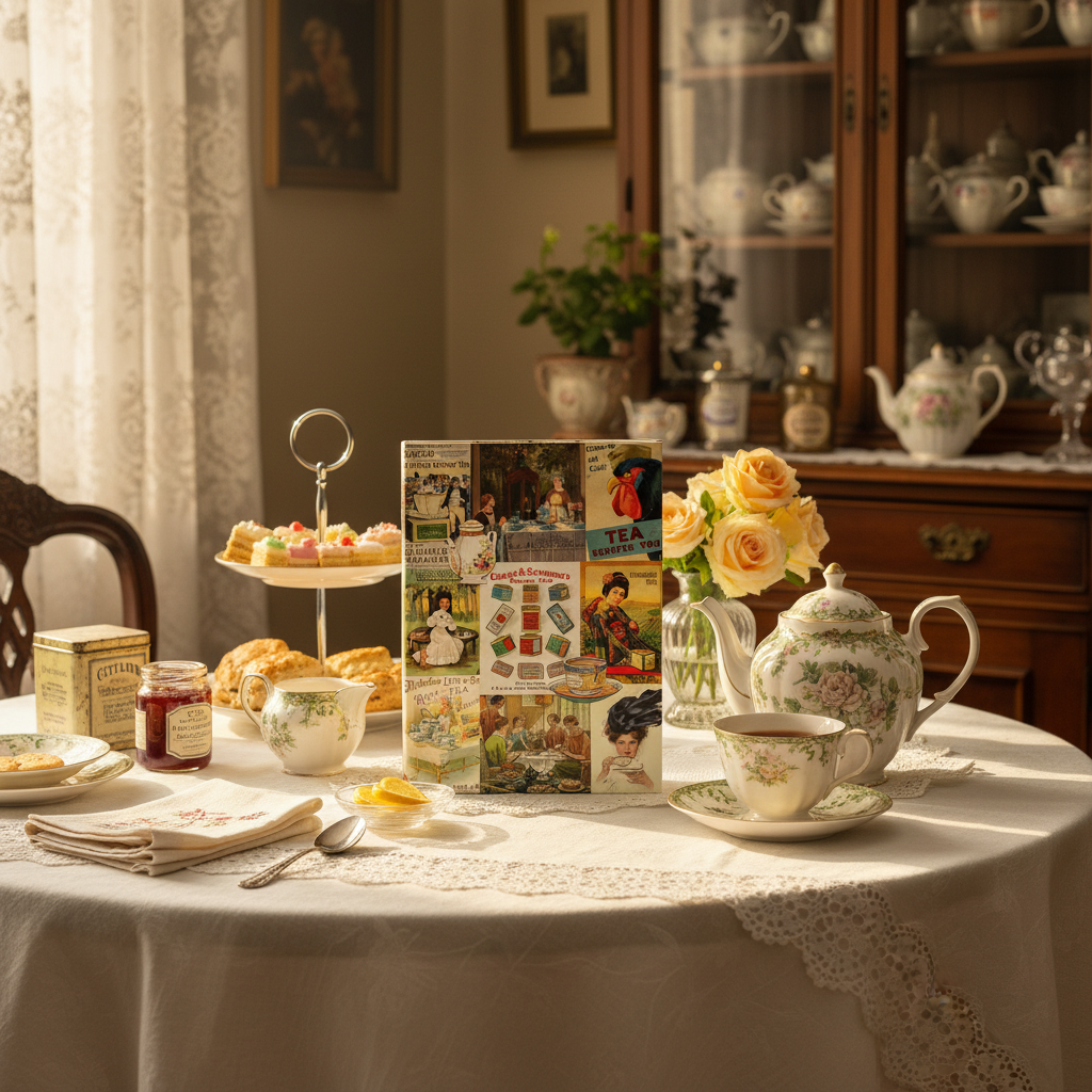 Tea journal at Victorian afternoon tea table with porcelain teapot scones pastries early 20th century - LeBonJournal
