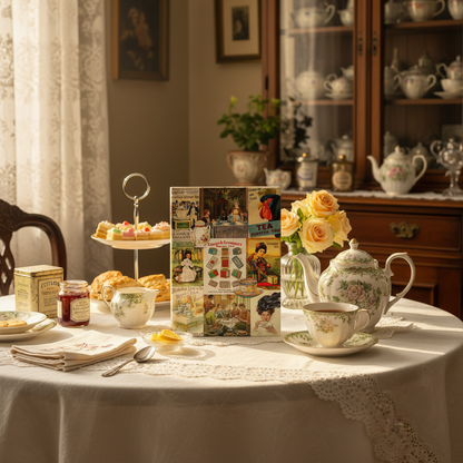 Tea journal at Victorian afternoon tea table with porcelain teapot scones pastries early 20th century - LeBonJournal
