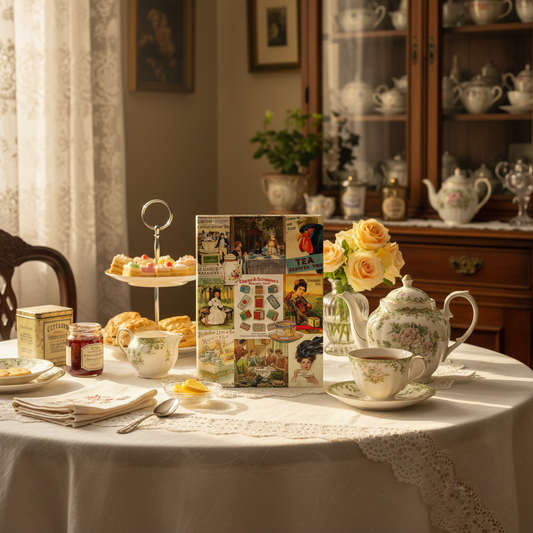 Tea journal at Victorian afternoon tea table with porcelain teapot scones pastries early 20th century - LeBonJournal
