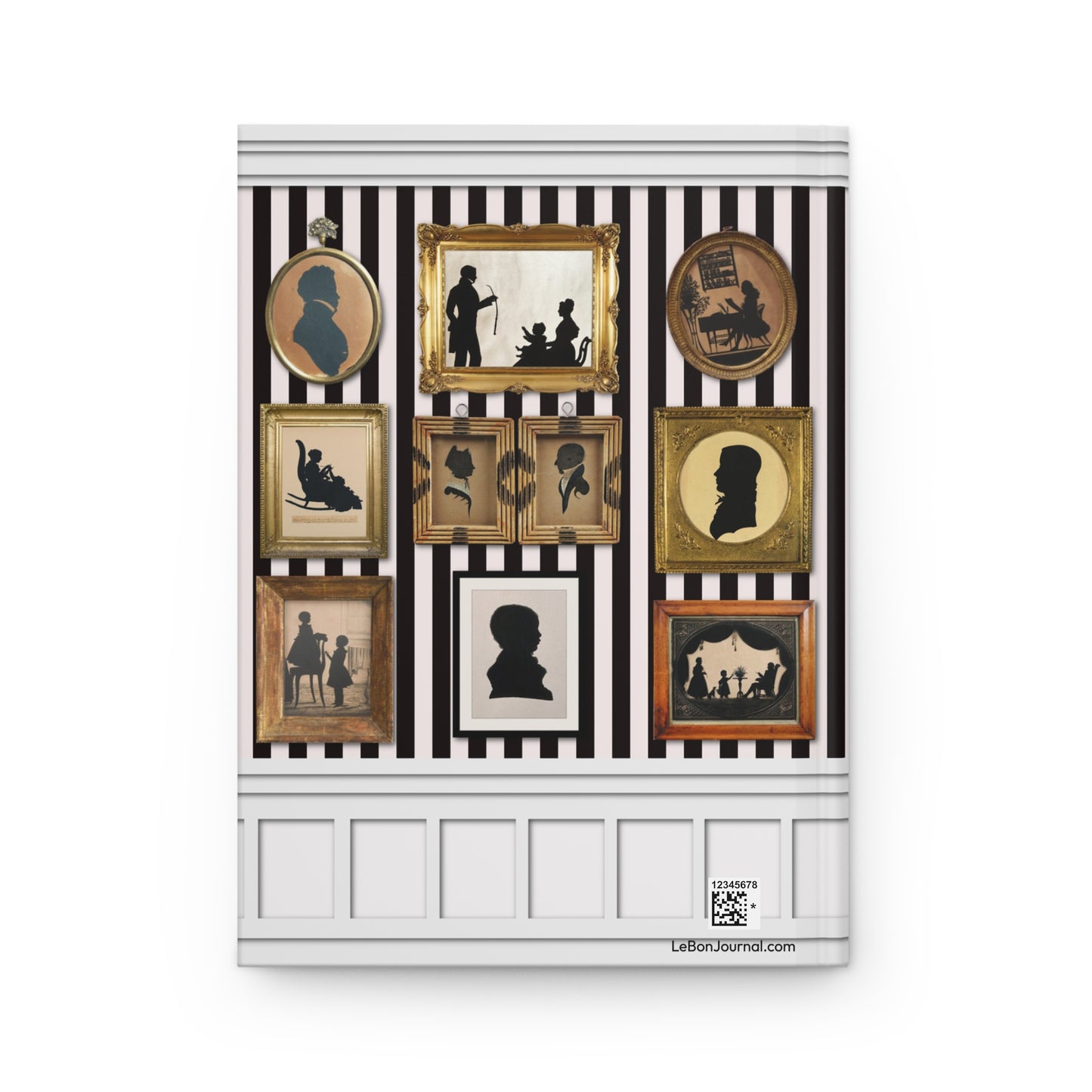 ten framed silhouette portraits grouped centerpiece back cover with boiserie molding striped wallpaper - LeBonJournal
