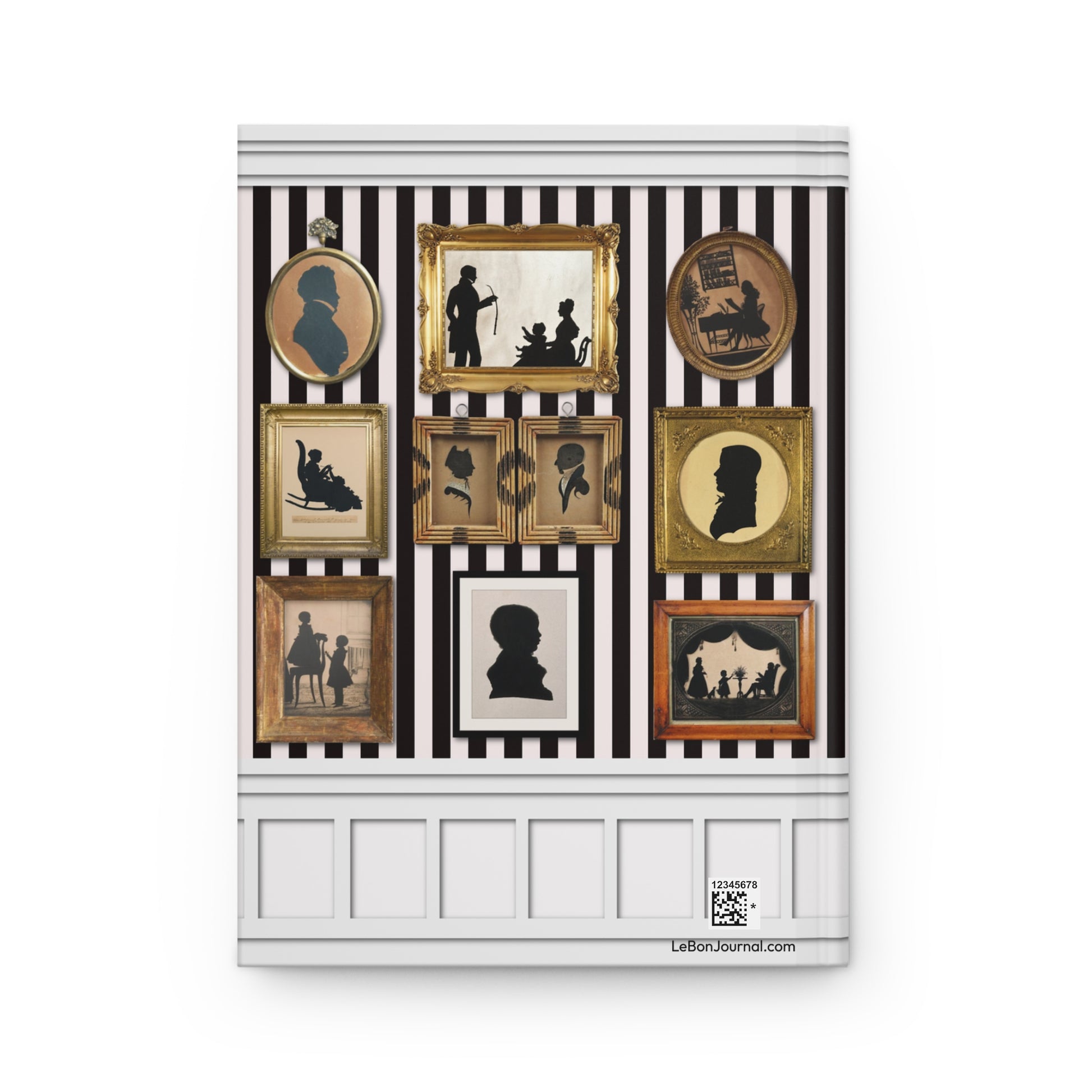 ten framed silhouette portraits grouped centerpiece back cover with boiserie molding striped wallpaper - LeBonJournal
