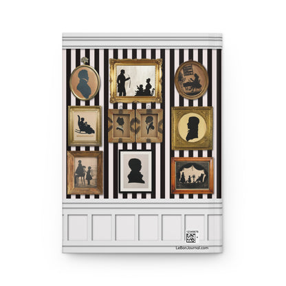ten framed silhouette portraits grouped centerpiece back cover with boiserie molding striped wallpaper - LeBonJournal
