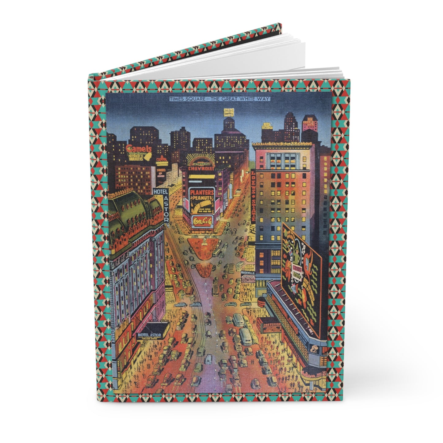 New York Times Square hardcover journal featuring 1938 Great White Way vintage illustration Hotel Astor Capitol Theatre Broadway theater district Art Deco electric billboards - LeBonJournal