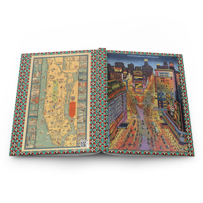 New York Times Square journal open flat showing casewrap binding spine with 1938 Great White Way and 1933 C.E. Millard Manhattan First City map front and back covers - LeBonJournal