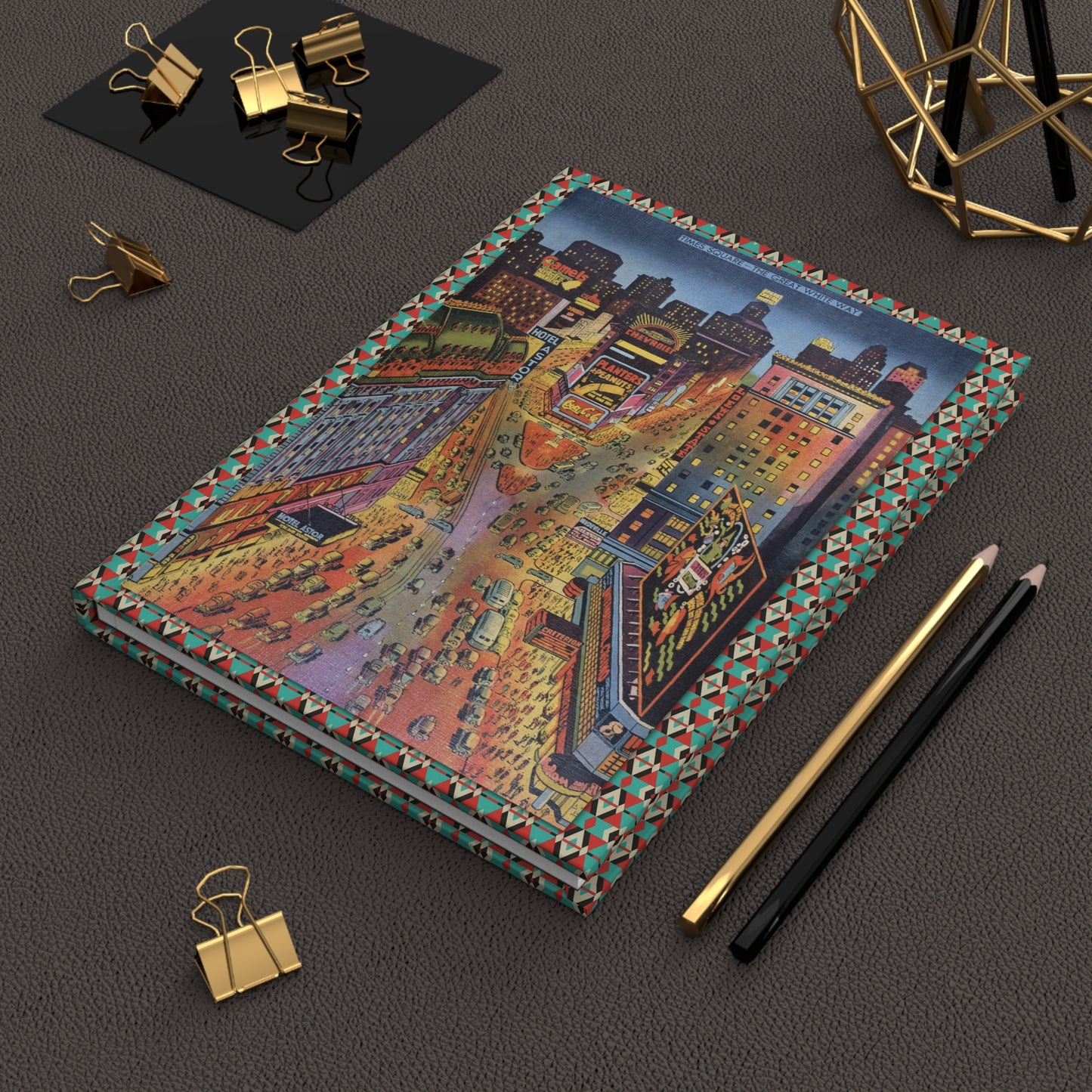 New York Times Square journal on vintage desk with 1939 World's Fair memorabilia Art Deco travel posters Broadway playbills and 1930s Manhattan photography - LeBonJournal