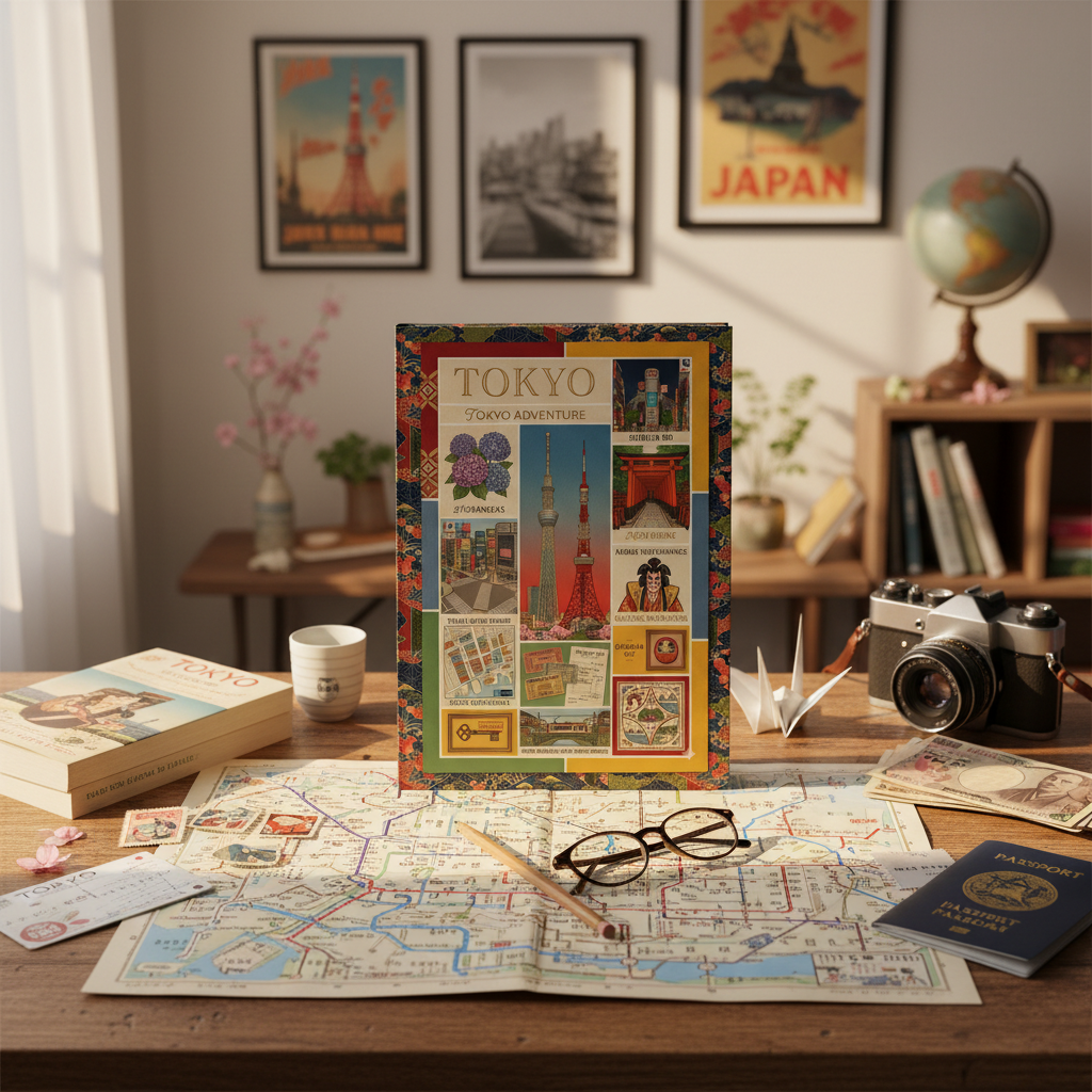 Tokyo journal at traveler desk with vintage map guidebook cherry blossoms Tokyo Adventure retro poster - LeBonJournal
