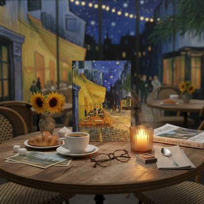Van Gogh Café Terrace journal at Parisian night café with candle espresso croissant sunflowers starlit sky - LeBonJournal
