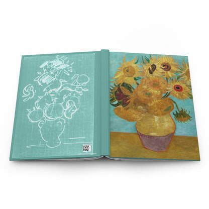 Van Gogh Sunflowers journal open flat showing casewrap binding spine with sunflowers painting and sketch interpretation front and back covers - LeBonJournal